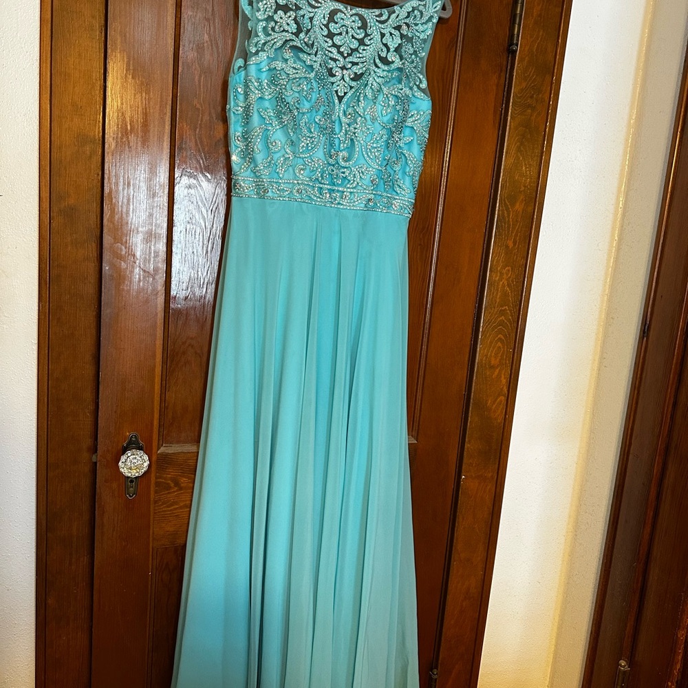 Tiffany Designs Blue Sleeveless Prom Gown